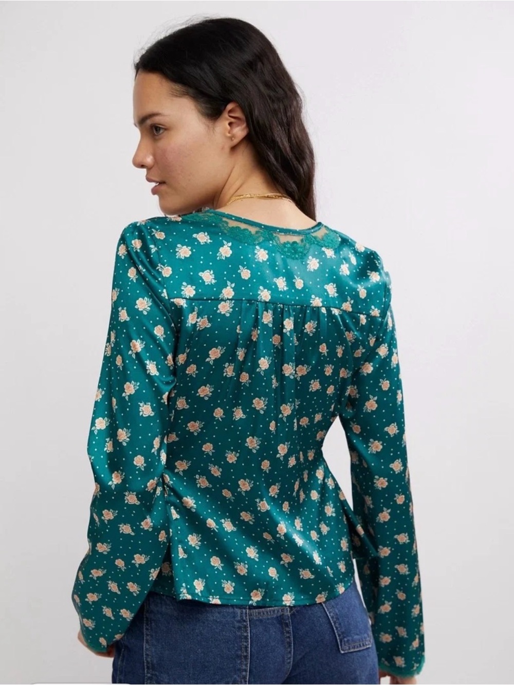 Free People Field Of Roses Button-Front Long Sleeve FloralSatin Teal Blouse NWOT - Picture 2 of 10